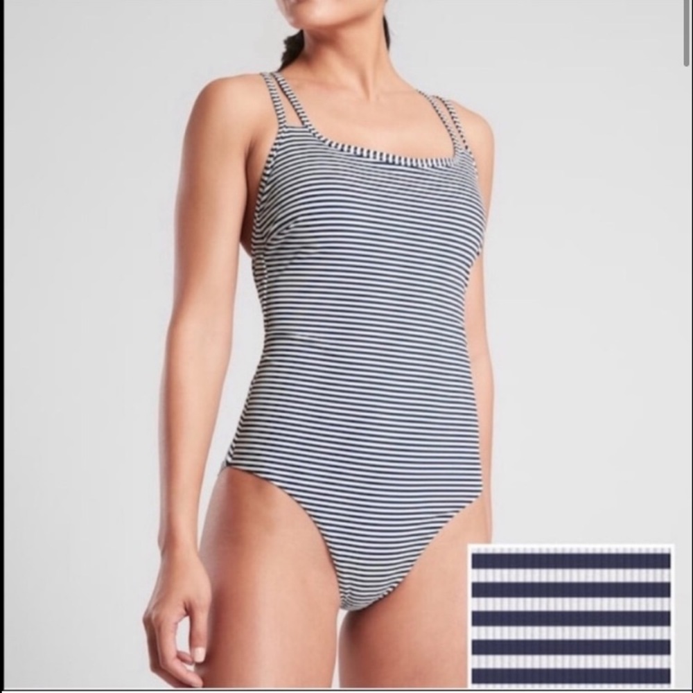 Athleta Women’s Navy Blue White Striped One Piece Swimsuit Size Large